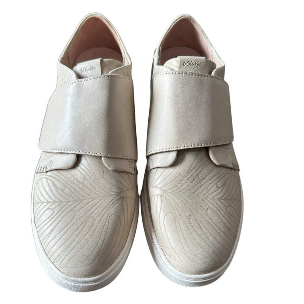 OluKai Pehuea Loupili Women Size 11 Beige Leather‎ Monstera Leaf Casual Sneakers